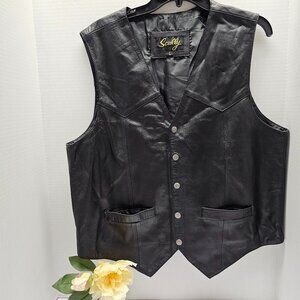 Western Black 100% Leather Lined Snap Button Mens SCULLY Vest Pockets L Large